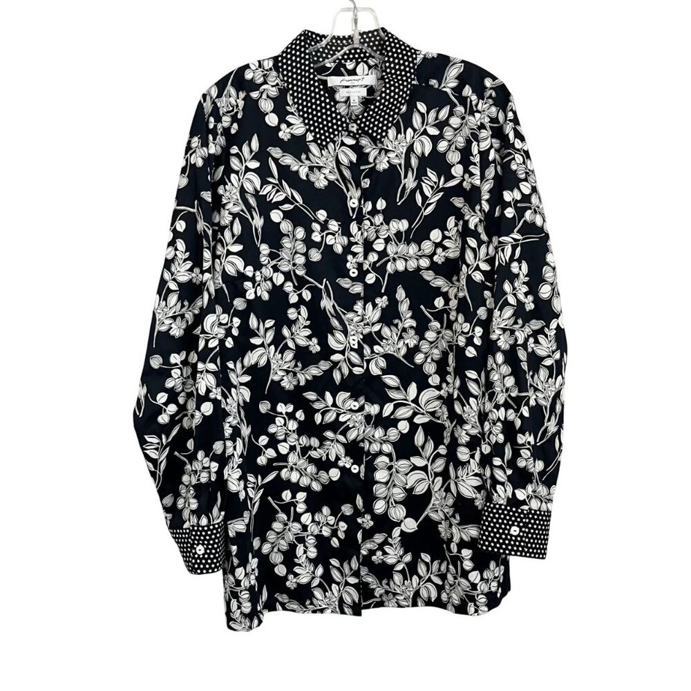 Foxcroft‎ Wrinkle Free Black White Floral Polka Dot Long Sleeve Shirt Size 16
